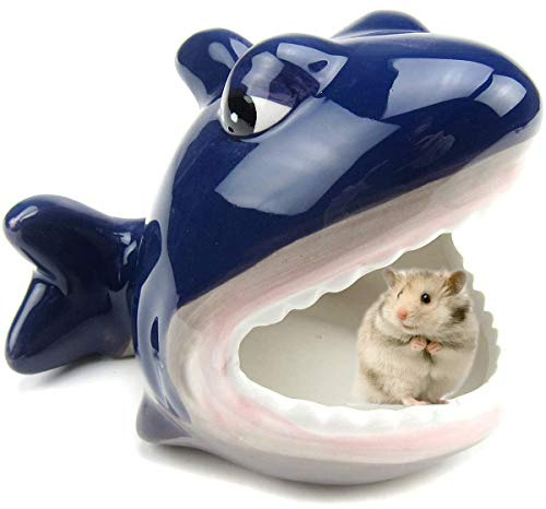 Hamster House Ceramic Shark Shape Small Pet Hideout Nest-Hamster Sand Bath-Chinchilla Dust Bath Nesting Habitat Cage Accessories(Shark)