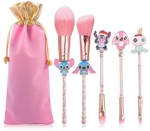 Lot de 5 pinceaux de maquillage Stich Cadeaux pour poudre, fard à paupières, blushes, lèvres, ensemble de pinceaux de maquillage Kawaii portables pour filles et femmes