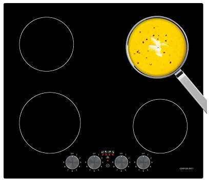 Cookology CIK602 60cm Induction Hob 4 Zone Cooktop, 6000W, Ceramic Glass, Rotary Dial Controls, 9 Heat Settings and Residual Heat Indicator - In Black
