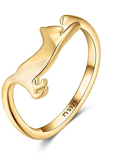 Anillos de mujer en plata de ley con forma de gato. Anillo plata mujer con acabado plateado o dorado. Joyería ideal para parejas, regalo para madres, amigas... Anillos para parejas (Baño de oro)