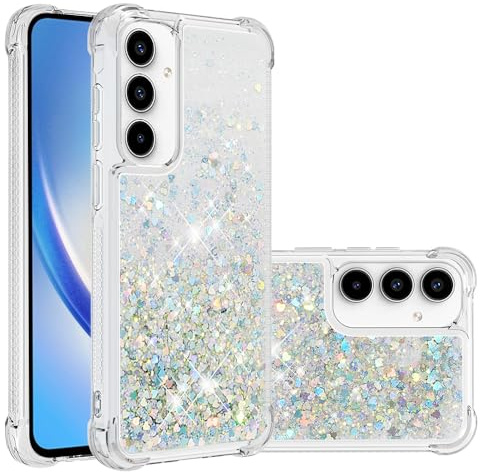 IMIRST Telefonfodral kompatibelt med Samsung A35 Bling flytande glitter silikonskal stötsäker Kawaii airbag skyddande fodral för Samsung Galaxy A35. YBW kärlek silver