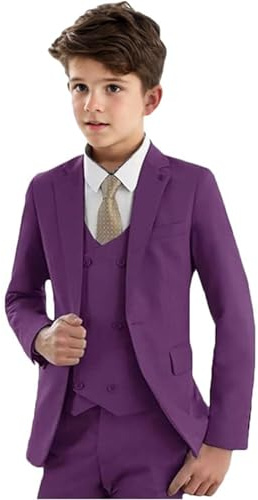 LeaderBeauty 3 piezas de traje de niños ajustado con solapa de pico, traje formal para niños, conjunto de blazer, chaleco y pantalones, esmoquin para niños, traje de fiesta de boda, Morado (, 10 años