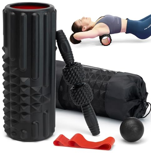 Zmarthumb 5 in 1 Foam Roller Set, High Density Fitness Exercise Foam Roller for Deep Tissue Muscle Massage, Massage Roller, Massage Ball, Resistance Band, for Whole Body(Black)