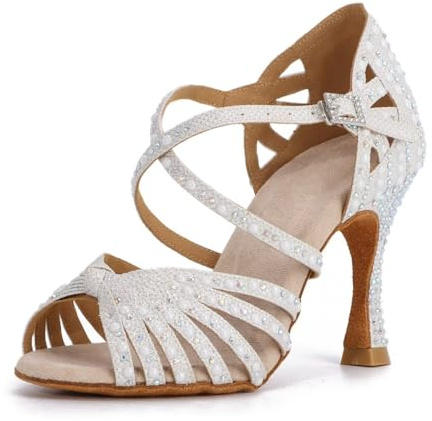 Syrads Scarpe Da Ballo Da Sala Con Strass Da Donna Per Principianti, Salsa Latina, Con Cinturino Incrociato, Bianco, 9 Cm Di Tacco, Taglia 37 EU