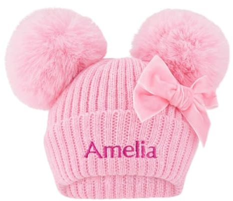 Lobeko Personalised Baby Hat, Double Faux Fur Poms, Knitted Beanie Pink
