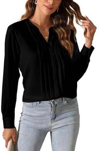 SPRING SEAON Womens Long Sleeve Blouses Elegant V Neck Shirt Casual Button Downs Ladies Work Shirt for Women UK Black