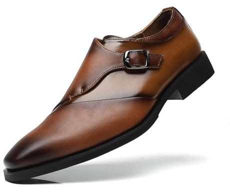 SANNAX Herren Single Strap Monkstrap Schuhe Plain Toe Business Anzugschuhe Formale Synthetikleder Schuhe, Braun, 42 EU