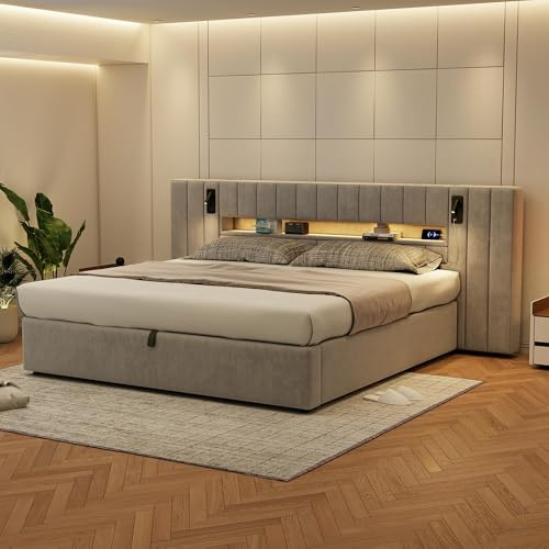 Moimhear Telaio letto imbottito con porta USB, letto matrimoniale, illuminazione a LED, lampada da comodino, con spazio contenitore, senza materasso, in velluto, grigio (180 x 200 cm)