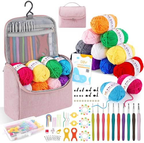 AOTWAN Crochet Kits for Beginners Adults Crochet Hooks Set 12Pcsx25g Crochet Yarns Include Ergonomic Metal Crochet Hooks 2-6.5mm Knitting Kit Accessories Tools Storage Case Crochet Starter Kit-Pink