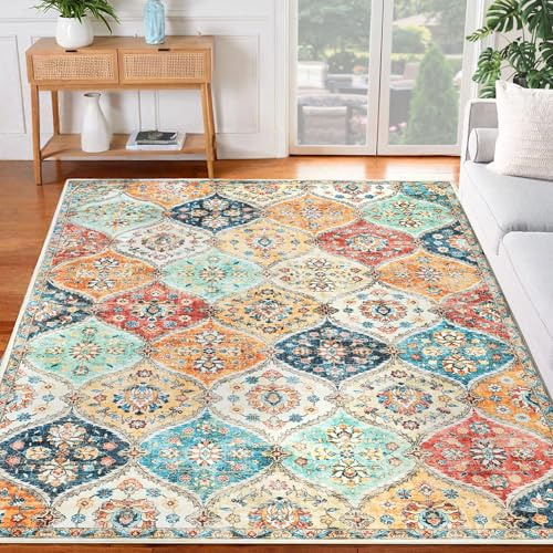 LuxFocus Washable Vintage Area Rugs 120x170cm, Traditional Living Room Rug, Non-Slip Floral Print Carpet for Bedroom, Foldable Short Pile Indoor Mat for Dining Room, Orange