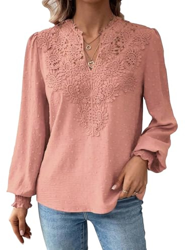 MINTLIMIT Womens Blouses Long Sleeve V Neck Lace Crochet Tops Dressy Casual Swiss Dot Pullover Top Elegant Blouse Shirt