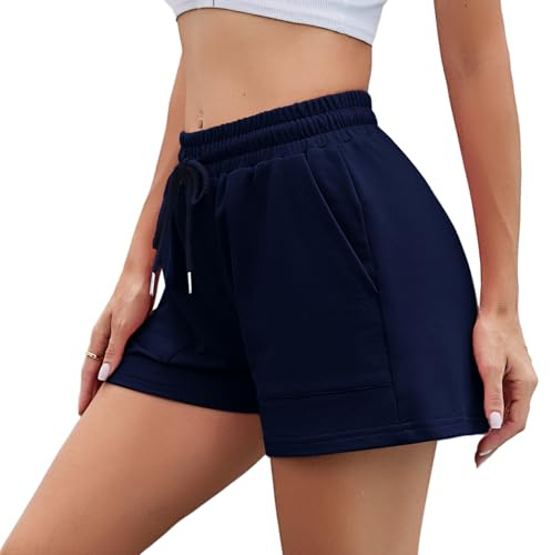 Irdcomps Short Sport Femme Eté Coton Bas de Survêtement Couleur Unie Décontracté de Course à Pied Pantalon Court avec Poches pour Yoga Fitness Running Bleu XL