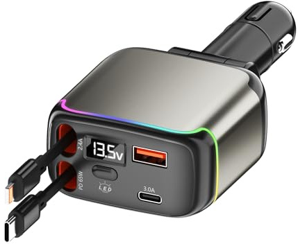 XXZU 137W Retractable USB C Car Charger,Fast Car Charger,4-in-1 Car Charger Adapter with 2 Cables/USB-C/USB-A,4-Port Car Accessories Compatible with iPhone17/16/15,iPad,Android,Laptop