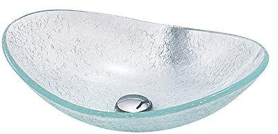 KOMFGT 21.25 X 14.17 Bathroom Vessel Sink, Boat Shape Bathroom Artistic Glass Vessel, Creative Hand Carving Tempered Glass Washbasin Hotel Bowl Basin with Pop-Up Drain-A (B)