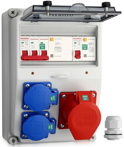 CAMWAY Coffret Électrique de Chantier IP66 avec 2 Prises Schuko+1 CEE16A et Disjoncteur FI+LS,Coffret Chantier Répartiteur Mural Etanche,Distributeur de Courant pour Extérieur,Jardin,Garage(type-F)