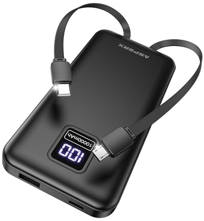 AsperX Compact 10000mAh Power Bank with Built-in Cables Portable Charger