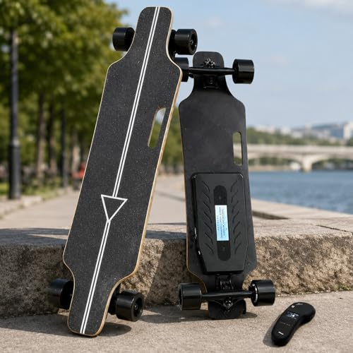 Elektrisk skateboard med fjärrkontroll, 350 W motor longboard, 4 hastigheter, 15 km räckvidd, upp till 25 km/h, bärbar med handtag för pendling på campus och stad