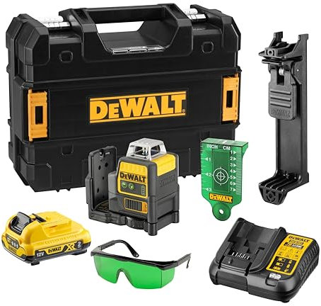 DEWALT DCE0811D1G-QW - Nivel Láser Autonivelante Verde, 2 Líneas 360°, Batería Li-Ion 2Ah XR 12V, Resistente IP65, Test de Caída 2m, Proyección Horizontal y Vertical, Incluye Pack de Batería 12V