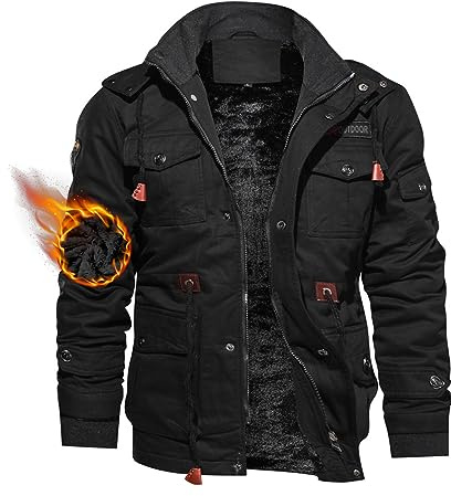 Hommes Veste Hiver Chaude Veste de Travail Coton Veste Polaire Grande Taille Veste Militaire US Army Vintage Blouson Capuche Veste Tactique Extérieure Veste Cargo Décontractée Coupe-Vent Noir