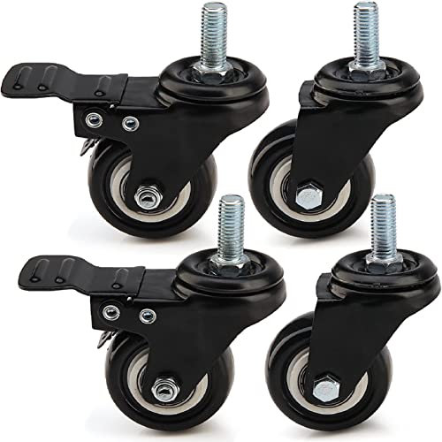 Holdfiturn 4Pcs Heavy Duty Castor Wheels Spiral Caster 50mm Rubber PU Swivel 200KG Castor Wheels Trolley Furniture Caster with Screw (Black, 2 Brakes 2 Non Brakes)