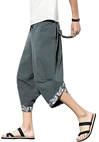 DOSLAVIDA Pantalones capri harén de lino para hombre, ligeros, cintura elástica, pierna ancha, pantalones cortos casuales sueltos para la playa