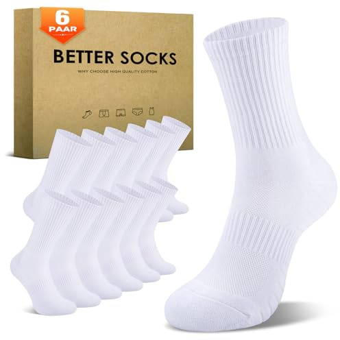 TUUHAW 6 Paia Calzini Uomo e Donna Sportivi Lunghe Cotone Sport Calzettoni con Buona Elasticità Alti Socks Calze Traspiranti Bianco 47-50