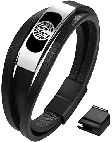 JewelryWe Schmuck Lebensbaum Armband Herren Lederarmband Baum des Lebens Leder Geflochten Mehrreihiges Verstellbar Armreif Manschette Wickelarmband mit Edelstahl Magnetverschluss Schwarz