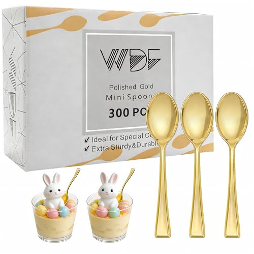 WDF 300PCS Plastic Gold Mini Spoons - 4 Inches Gold Plastic Desserts Spoons, Heavy Duty Disposable Spoons Perfect for Coffee, Cake, Appetizers,Ice Cream,Wedding, Birthday, Party