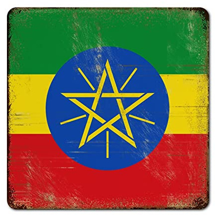 Plaque en métal de l'Éthiopie - Drapeau du pays de l'Éthiopie - Plaque en métal rétro - Prêt à accrocher - Pour porche, cour, garage, jardin - 30,5 x 30,5 cm