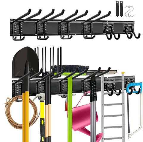 Mimoke Wandhalterung Garage und Garten Werkzeug Organizer Gerätehalter mit mehreren Haken für Gartengeräte Elektrowerkzeuge und mehr
