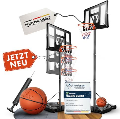 VALENESS® Basketballkorb Outdoor - [135 bis 305 cm] Höhenverstellbarer und Wetterfester Ständer - Profi Korb Mit Basketball und Pumpe für Kinder und Erwachsene