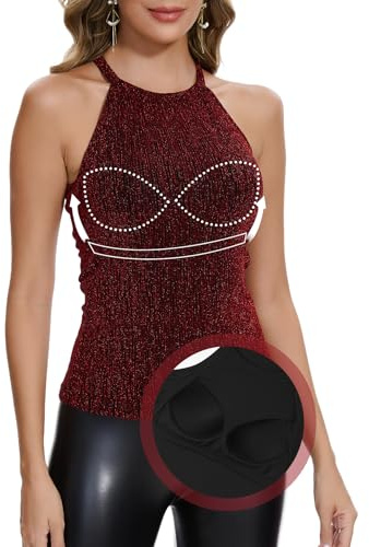ANYFITTING Canotte Paillettes da Donna con Reggiseno Incorporato a Girocollo Halter Top Comodo Elegante Top Senza Maniche Maglietta Casual Camicetta Rosso Scintillante L