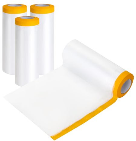 WENLISELL 4 Rolls Plastic Dust Sheet Roll, Self Adhesive Masking Film Rolls, 2.4x20m Drop Film Masking Tape for Painting, Furniture Covering