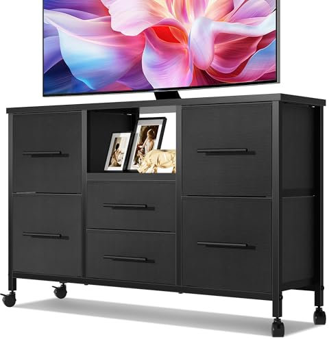 MIKIICOCO Chest of Drawers, Dresser for Bedroom with 6 Drawers, 43.3'' Long TV Stand with Storage Shelf, Clothes Storage Unit with 4 Castors, Fabric Drawers, Metal Frame