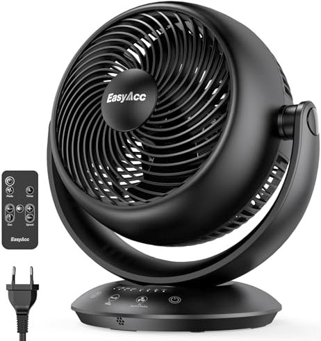 EasyAcc Ventilator Leise, 25dB Tischventilator sehr Leise, 90° Auto-Oszillation Horizontal und Vertikal 3D Turbo Ventilator mit Fernbedienung, 3 Geschwindigkeiten, 2-12H Timer für Schlafzimmer-Schwarz