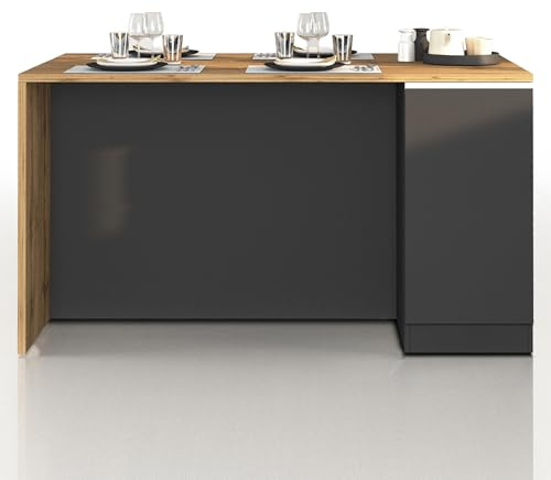 WHOUS Isola Cucina SOLE con 2 Ante, Tavolo da Pranzo e Piano di Lavoro, Ideale per Open Space e Spazi Ridotti, 160x90x90 cm, Antracite Opaco e Rovere
