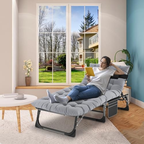 Meulbaty Foldable Sun Lounger 190x68x28cm Foldable Guest Bed (Grey Pleuche) | with Adjustable Backrest, Cushion, Headrest, and Side Pocket - Perfect for Garden, Pool, Beach, Camping, Guest Bed