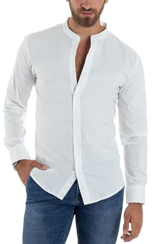 Giosal Camicia Uomo Collo Coreano Maniche Lunghe Slim Fit Basic Casual Cotone Vari Colori (IT, Testo, L, Regular, Regular, Bianco)