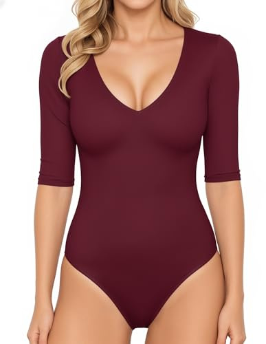 ALGALAROUND Body pour femme - Col en V - Manches mi-longues - Manches 3/4 - Haut à manches longues - Haut basique pour femme - Coton - Manches longues - Pour l'hiver