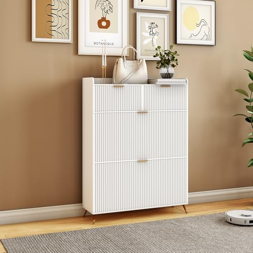 TIMORWTF, scarpiera per ingresso, armadio a scarpe bianco con 2 ante e 2 cassetti, 80x24x110 cm, mobile in legno per la conservazione delle scarpe per ingresso e corridoio, bianco