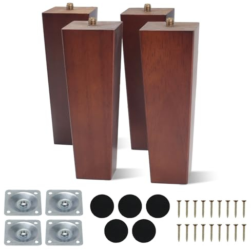 COEWUR 4 Piezas 15 CM Patas de Muebles de Madera Patas para Mueble Madera Patá de Mesa de Madera Maciza con Placas de Montaje Protector Antideslizante Tornillo Patá de Repuesto para Silla Sofá Armario