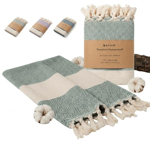ELZTALER Hamamtuch 180x100 cm aus 100% Baumwolle – Saunatuch/Saunahandtuch & Strandtuch – Leicht, saugstark & schnelltrocknend – Peshtemal (Salbeigrün)
