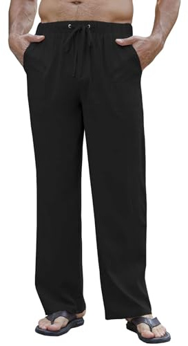 Yutdeng Pantaloni di Lino Cotone da Uomo Pantaloni Estivi Lunghi Leggeri Casual Traspirante Pantalone da Spiaggia Losse Fit Lines Pants con Elastico in Vita e Quattro Tasche