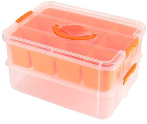 HONYUET Stor hantverkslåda i dubbla lager, pyssellåda 35 x 27 x 20 cm plast transparent orange, förvaringslåda med lock och fack, pysselväska för pysselmaterial och sytillbehör