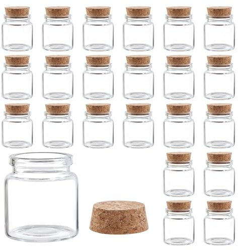UNICRAFTALE 24 bottiglie di vetro da 50 ml, con tappo in sughero, trasparenti, rotondi, piccoli contenitori per spezie, farmacisti, per fai da te, decorazioni per feste, 4,7 x 5 cm