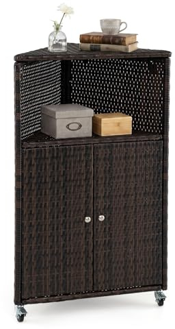 COSTWAY Armadietto da Esterno Angolare, Armadio da Esterno in Rattan PE con Ruote Bloccabili, 2 Ripiani Aperti e 2 Ante, Credenza da Cucina per Giardino, Piscina e Terrazza, 66 x 47 x 111 cm