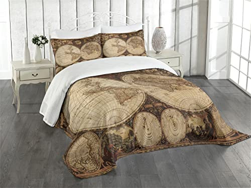 ABAKUHAUS Weltkarte Tagesdecke Set, Historische alte Atlas, Set mit Kissenbezug Mit Digitaldruck, für Einzelbetten 170 x 220 cm, Braun und Beige