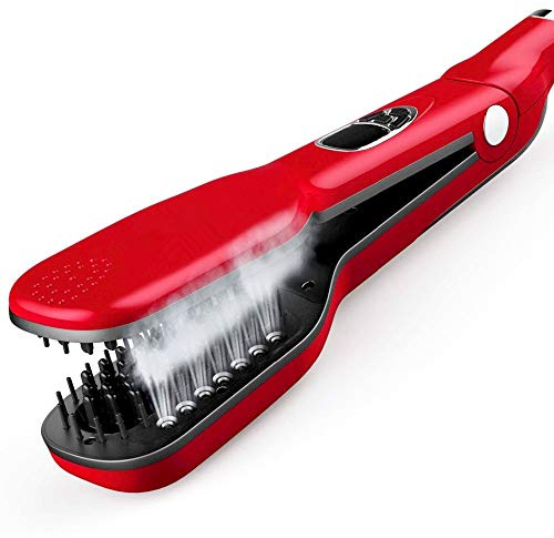 Professional Salon Steam Ceramic Hair Straightener, Best 3D Ion Wet Hair Iron Straightening Brush, Travel Kit Wide Hair Straightener Comb for All Women Hair, Dual Voltag (Red)