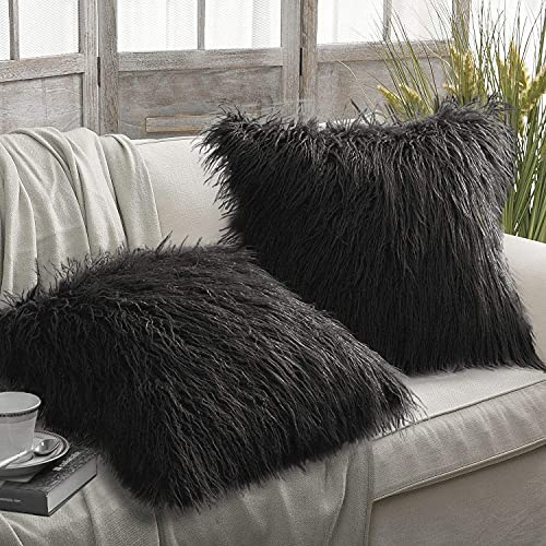 Ewolee 2Pcs Housse de Coussin, Fausse Fourrure Deluxe Décoratif Taie d'oreiller Carrées, pour Salon, Canapé, Chambre à Coucher, Voiture (Noir)