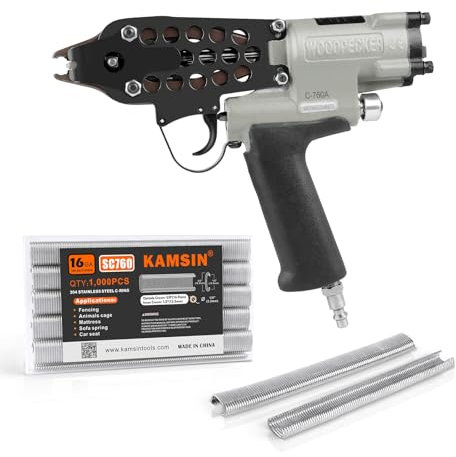 Woodpecker C-760A 16 Gauge Pneumatische C-Ringpistole Kit 1/2 Zoll Krone, 3,0–4,8 mm Verschlussdurchmesser Hog Ring Zange Air Power Hog Ring Gun für Zaun, Matratze, Käfige